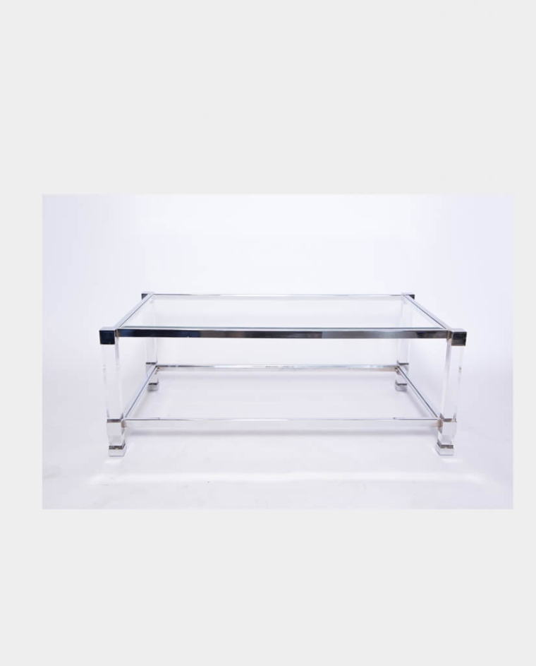 Clear Glass Rectangle Coffee Table with Chrome Trim Party On Demand Los Angeles Party Planner
