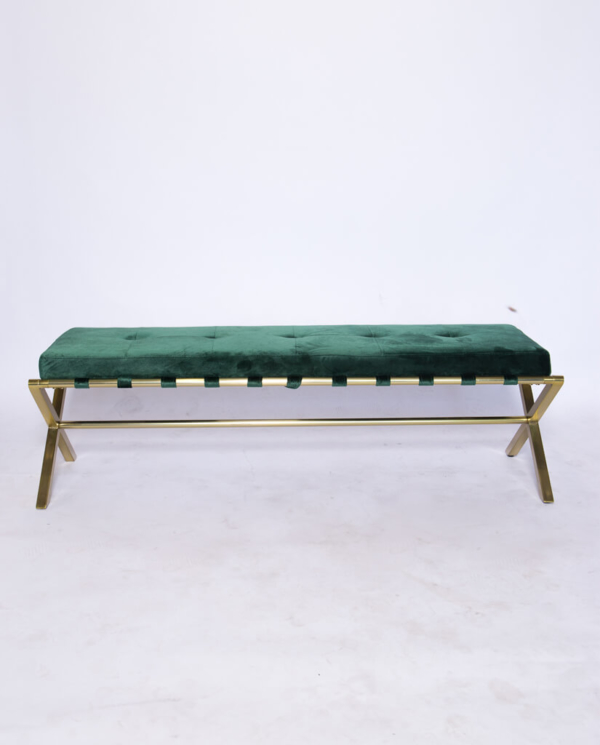 Vintage Green Velvet Bench with Golden Chrome Legs