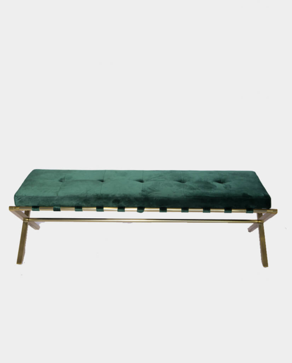 Vintage Green Velvet Bench with Golden Chrome Legs