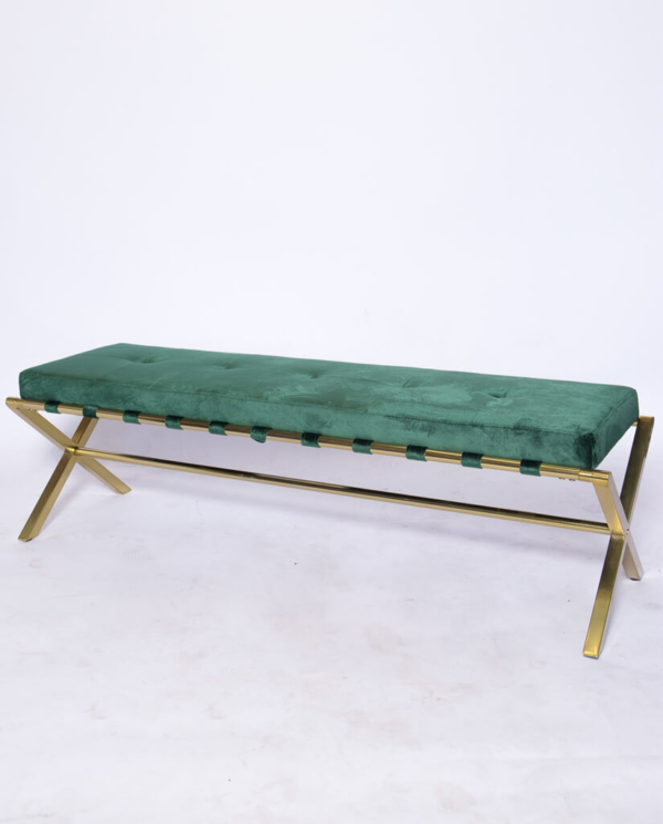 Vintage Green Velvet Bench with Golden Chrome Legs