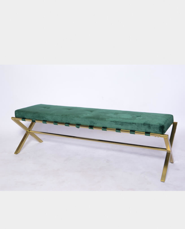 Vintage Green Velvet Bench with Golden Chrome Legs