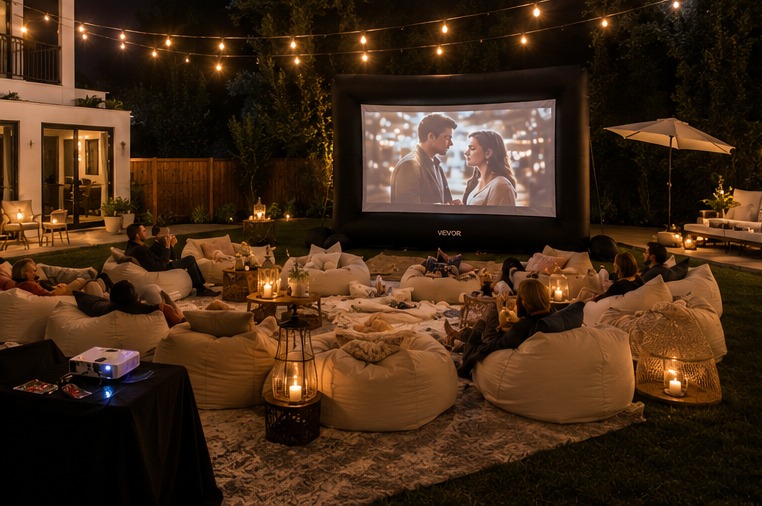 Luxury apartment resident outdoor movie night setup in Los Angeles