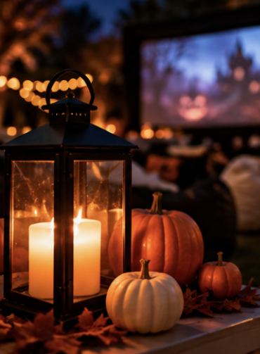 Halloween movie night with cozy seating and decorations
